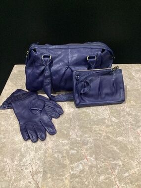 Cole Haan pebbled leather Prussian blue satchel with matching accessories